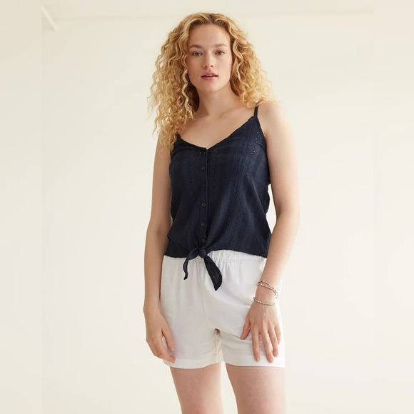 Reitmans Tops - Reitmans-Sleeveless Eyelet Top with Tie  at Front